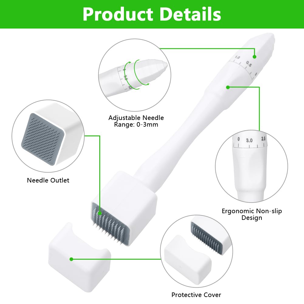 Timbro Dermastamp Derma Stamp Regolabile 0-3 mm Professionale Dermastamp Microneedling Regolabile, Derma Roller per Capelli, Barba, Viso, Corpo, Bianco(140 perni)