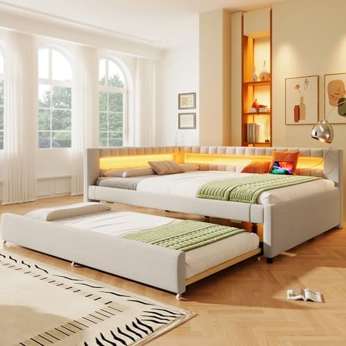 EINHOM Polsterbett Schlafsofa 140x200 cm, Tagesbett mit LED-Fernbedienungslichtleiste und USB+Type-C, Daybett mit Ausziehbett, Leinen, Lattenrost, Ohne Matratze, Beige
