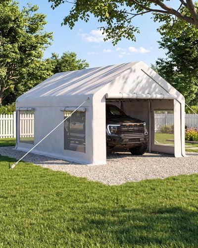 Image of GarveeLife 12x20 Car Port Portable Garage, with 200 GSM Carport Canopy, 2 Roll-Up Doors and 4 Windows, for Temporary Paint Booth, Boats & Pickups Shed, and Event Shelter, White