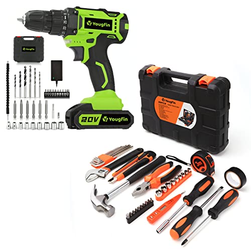 Yougfin 38 Piece General Household Basic Hand Tool Kit with 20V Cordless Power Drill Driver