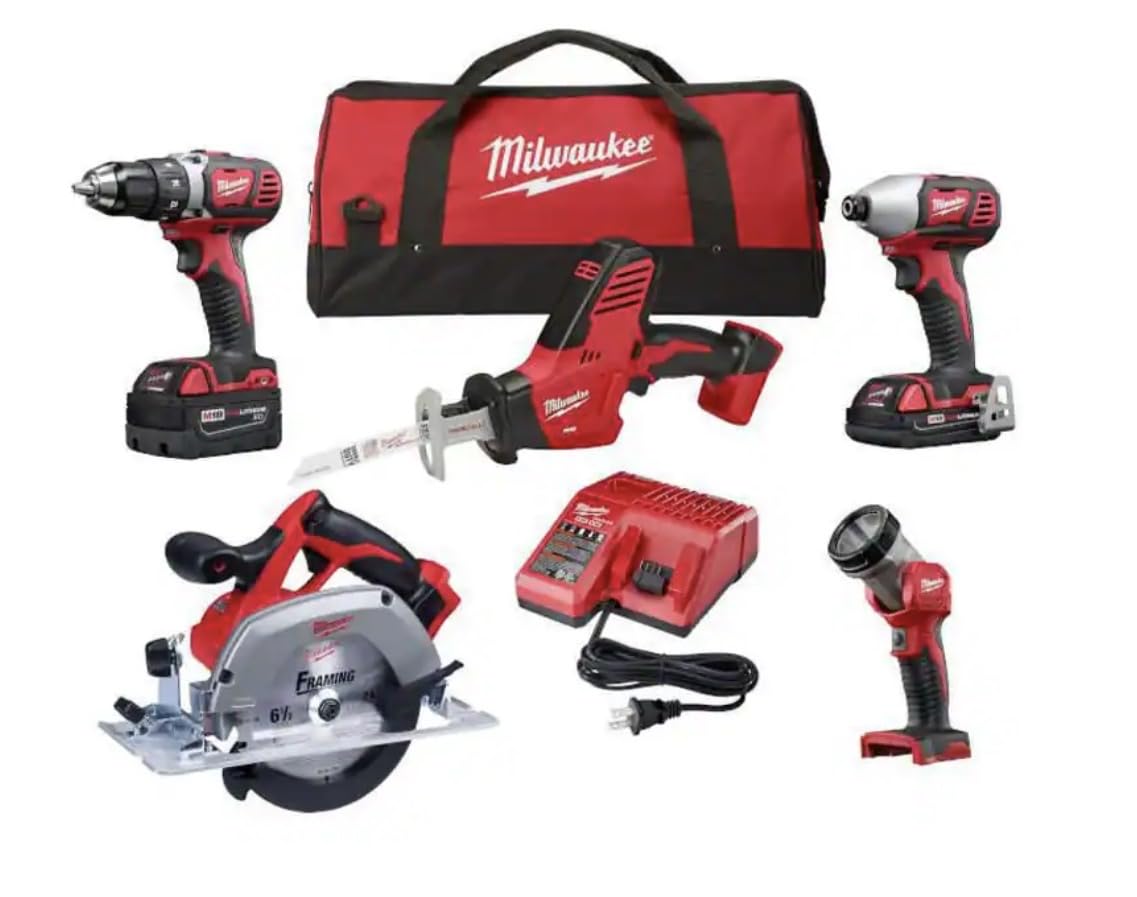 Milwaukee M18 18-Volt Lithium-Ion Cordless 5-Tool Combo Kit, 2 Batteries, Charger, Carrying Case