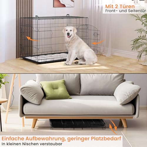 EUGAD Hundekäfig Faltbar, Hundekäfig aus Metalldraht mit ausziehbare Bodenschale, 2 Türen Hundebox für zuhause,108x76x69cmTransportkäfig Auto, Hundetransportbox Drahtkäfig für Hunde Welpe