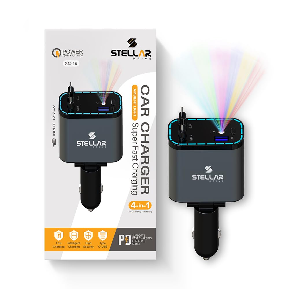 STELLAR DRIVE XC-19 Fast Car Charger Adapter, 4 in 1 Car Mobile Charger Adapter with Retractable Cables, USB-A & USB-C, Fast Charger for iOS and Android Phones, Safety Protected, 1-Year Warranty-image-13