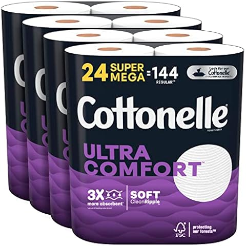 Cottonelle Ultra Comfort Toilet Paper, Strong Toilet Tissue, 24 Super Mega Rolls (24 Super Mega Rolls = 144 Regular Rolls) (4 Packs of 6), 402 Sheets per Roll, Packaging May Vary Cover