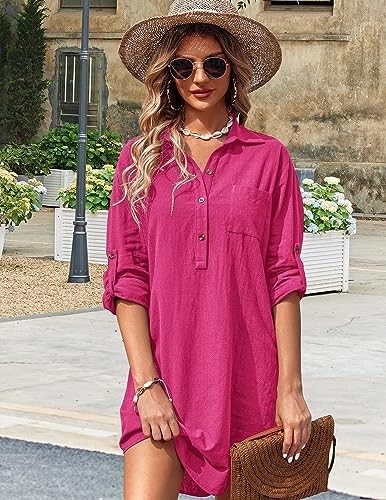 Image of Zeagoo Women Summer Dress Cotton Linen Shirt Dress Button Down Tunic Dress Beach Cover Up Dress