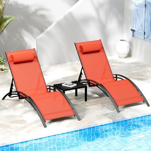 AthLike 3 pcs Poolchairs Patio Chaise Lounge Set with Headrest, 5-Level Adjustable Sunbathing Tanning Poolside Recliner Chairs with Side Table for Outdoor Beach (Orange)