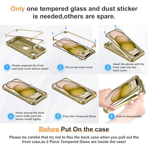 Image of ORETECH 3 in 1 for iPhone 15 Plus Case with 2 x Screen Protector,Gold | Full Body Shockproof Design Smooth Texture,15FT Military Grade, Camera Lens Shield, with Armor Front Frame Protection
