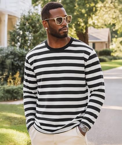 Image of KESIHAN Mens Striped Long Sleeve Shirt Crewneck Casual T-Shirt Basic Stripe Cotton Spandex tee Shirt