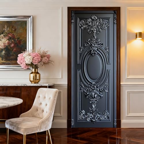 Image of Nuxovilar Black Ornate Door Stickers Peel Stick PVC 30.3x78.7 Inches