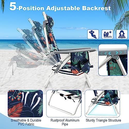 Image of Giantex Folding Beach Chair, Patio Sling Chairs with 5 Adjustable Position, Head Pillow, Storage Bag, Towel Bar, Cup Holders, Backpack Chairs for Sunbathing, Camping Chair