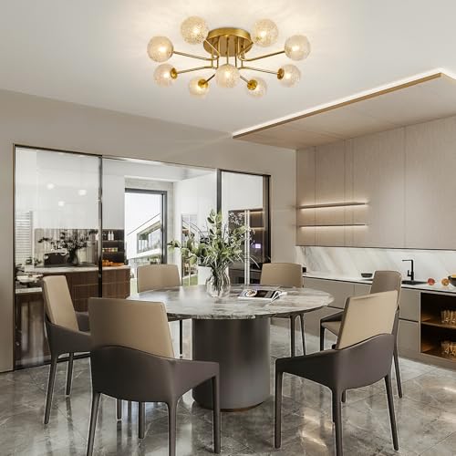 Image of Sputnik Semi Flush Mount Ceiling Light Gold Glass Globe Chandelier Ceiling Lighting Mid Century Modern 9 Lights Bubble Chandelier for Dining Living Room Bedroom