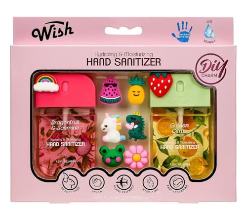Wish Diy Charm Hand Sanitizer Spary Travel Size Spray 2-Pack Gift Box 1.5 FL OZ (45ML) Each, Dragonfruit, Coconut Cream, Golden Citrus,Cucumber, Black Plum,Sweet Guava Hydrating and Moisturizing, (2)