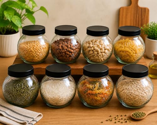 Image of Designer Transparent Glass Storage Jar with Black Plastic Airtight Lid, 900 ML Food Grade Kitchen & Pantry Storage Container, Size 8 X 14 X 14 cm, Ideal for Pulses, Dry Fruits, Pack Of 8