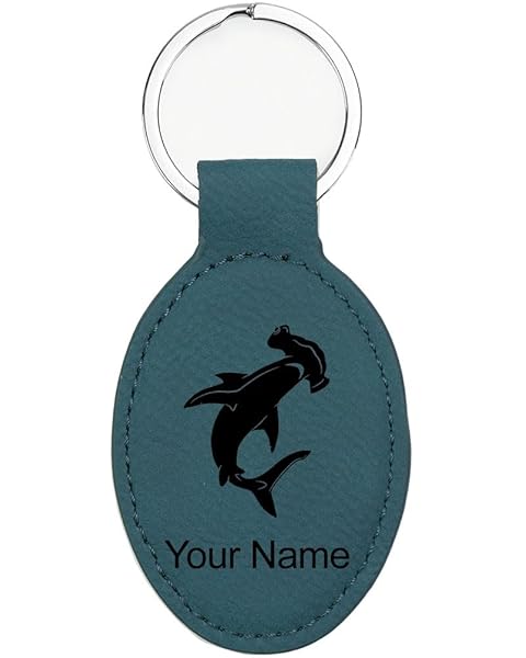 LaserGram Oval Keychain, Hammerhead Shark, Personalized Engraving Included (Slate Blue)