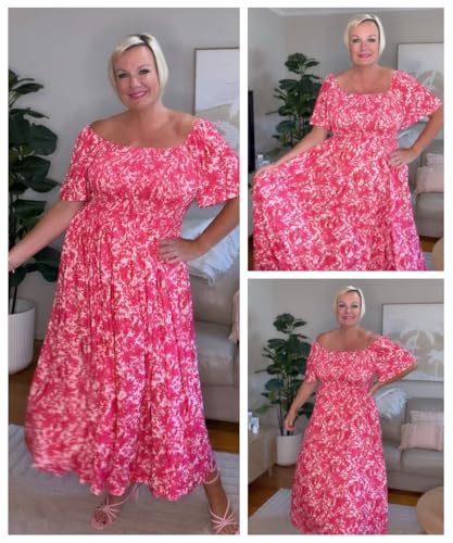 Image of RITERA Plus Size Dresses for Curvy Women Square Neck Short Sleeve Summer Floral Smocked Maxi Dress with Pocket XL-5XL