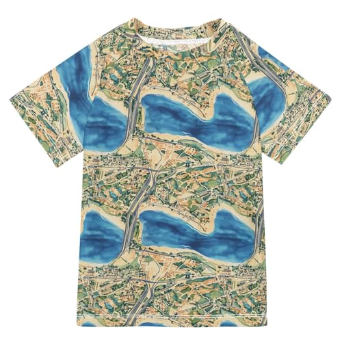 Girls Bathing Suit Short Sleeve Rash Guard Swimsuit 11T Vintage Game Map