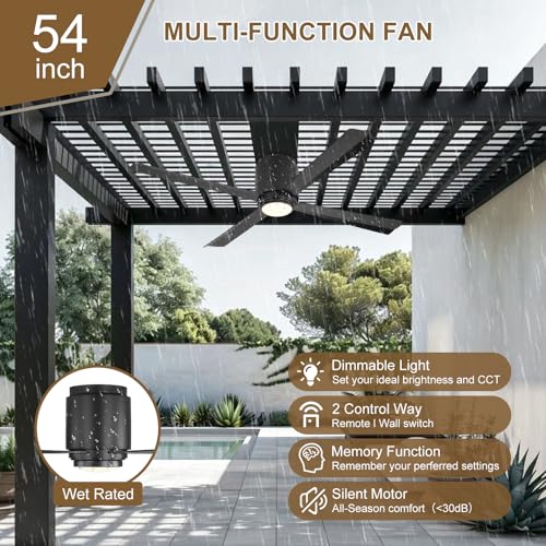 WINGBO 54 Inch Wet-Rated Ceiling Fan with Dimmable Light, 4 ABS Blades, 6-Speed Quiet DC Motor, 3 CCT, Waterproof Flush Mount Ceiling Fan for Porch, Gazebo, Patio, Outdoor & Indoor, Matte Black - Image 2