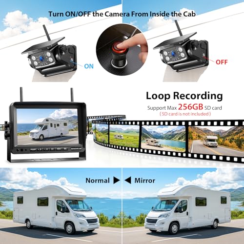 Image of Magnetic Solar Wireless Backup Camera System, HD 1080P 7 inch Monitor with Rear View Camera for RV /Trailer /Fifth Wheels /Camper, Night Vision, Portable Rechargeable Battery, Loop Recording-ZEROXCLUB BS701