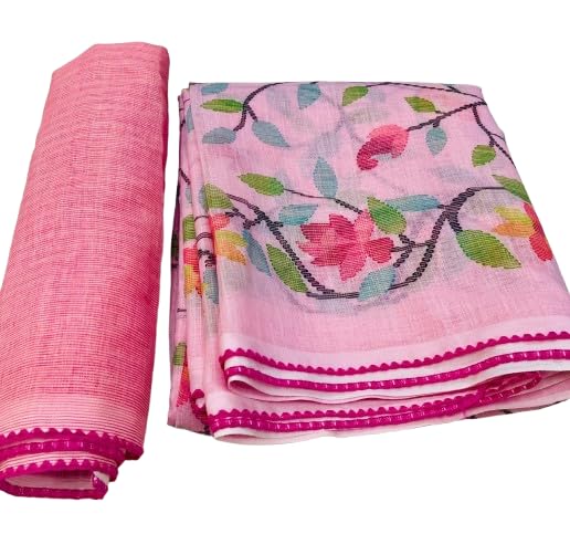 Women's Cotton Linen Printed Saree with Unstitched Blouse Piece, Soft Lightweight Floral Print, Casual, Office & Festive Traditional-picture-16