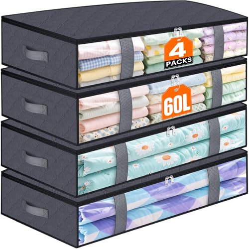 Under Bed Storage Containers, 4 Pack Blanket Storage Bags, Collapsible Storage Bags with Big Zippers, Clear Front, Shoe Storage and Organization for Clothes, Comforter, 60L, Grey