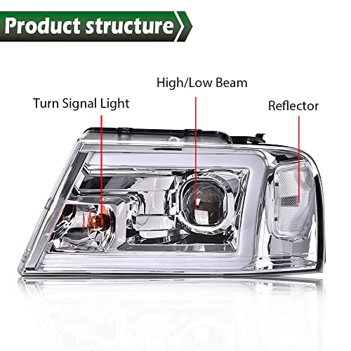 Image of GRAND ORANGE LED DRL Headlights Assembly Compatible with Ford F150 2004-2008 / Fit 2006-2008 Lincoln Mark Lt (NOT Fit 2004 F150 Heritage /Flareside Beds) Clear Lens Chrome Housing Clear Reflector