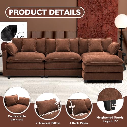 Image of Ihanherry 111.4 inch L Shaped Modern Sofa Modular Sectional Luxurious and Comfortable with Ottoman, 4-Seat Chenille Deep Seat Sofa with Pillow for Living Room, Bedroom and Apartment, Brick Red