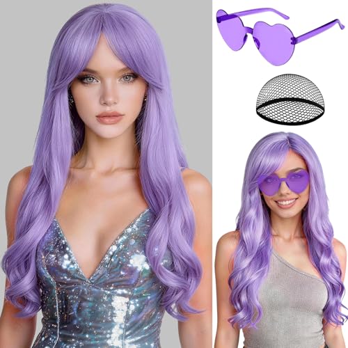 PLULON Light Purple Long Curly Wigs with Heart Sunglasses for Women Neon Party Colored Wavy Wig 28 Inch Synthetic Hair with Hair Cap for Cosplay Costume Bachelorette Party Birthday Festival