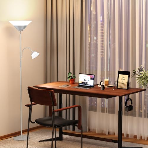 Image of SIBRILLE 2-in-1 Torchiere Floor Lamp, 34W Super Bright LED Standing Lamp with Remote & Touch Control, 72 inch Dimmable Adjustable Corner Reading Lamp for Living Room, Bedroom, Office, Silver