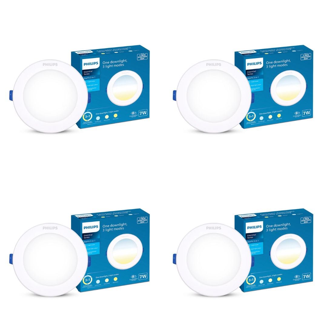 PHILIPS StarFit 7-watt Round LED Downlighter | 3 Colors in 1 Concealed JB LED Downlight | LED Ceiling Light for Home and Hall | Cut Out: 3 inch, Color: Tunable White, Pack of 4