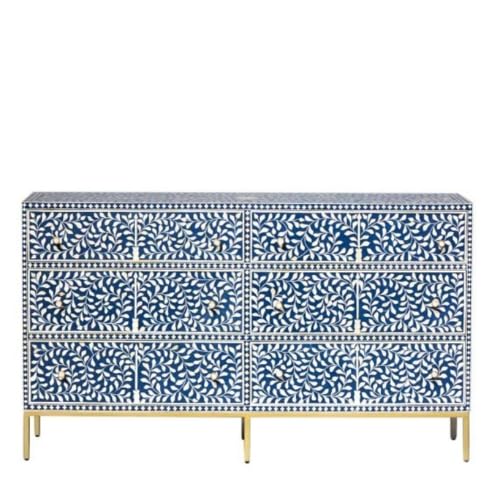 Bone Inlay Floral Design Chest of 6 Drawers Blue, Bone Inlay Floral Design 6 Drawers Dresser Table, Bone Inlay floral blue Sideboard (H34xW60xD18 inches)