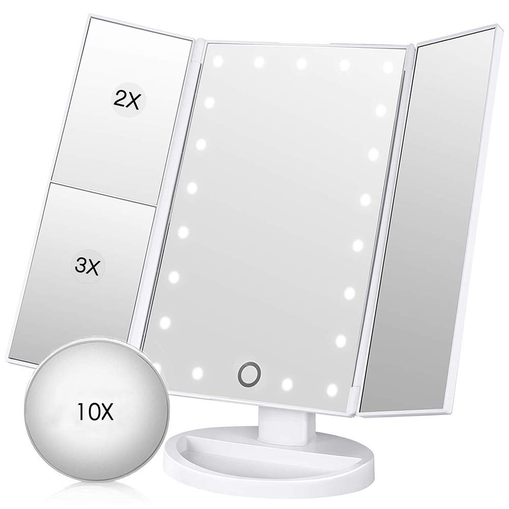 Nestling Specchio Per il Trucco Illuminato, Specchio Cosmetico per Vanità a 22 Luci a LED, Touch Screen Con Ingrandimento Triplo Ingrandimento 2X 3X 10X, Rotazione Libera di 180 °