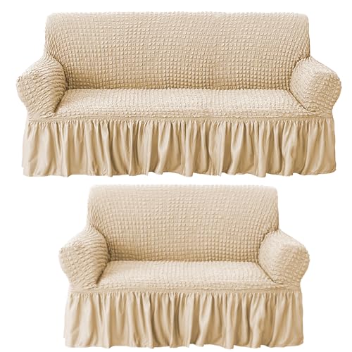 Image of House of Quirk Turkish Bubble Frill Five Seater 3 + 2 Sofa Slipcovers 280 GSM, Durable Washable Universal Triple Seater High Elastic Furniture Protector (Beige)