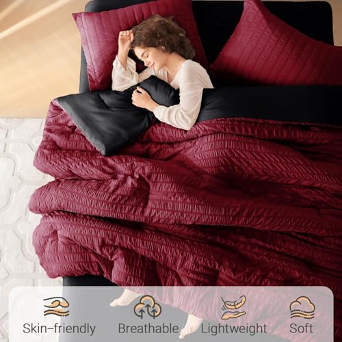 Image of MUXHOMO 7 Pieces King Comforter Set, Seersucker Bed in a Bag King Size, All Season Luxury Bedding Set with Comforter, Flat Sheet, Fitted Sheet, Pillowcases & Shams, Red & Black