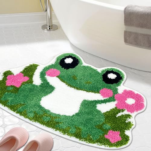 Hexagram Cute Frog Small Bath Mat 16×24 Inch, Frog Decor for Home Gift, Cute Bathroom Rugs, Green Pink Non Slip Soft Washable Irregular Animal Shaped...