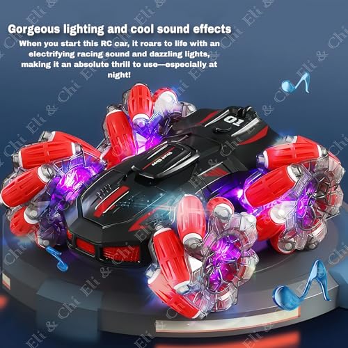 Image of Eli & Chi 4WD Double-Sided RC Stunt Car for Kids: 360 Drift, Remote Control Racing, Rechargeable, Watch Gesture Control, Smoke & Mist Effect (Red)