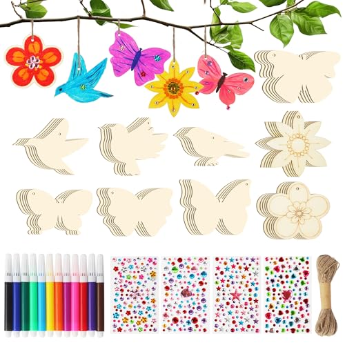 ACOMTUO 62 Pezzi Kit di Bricolage in Legno per Bambini, Kit Lavoretti Creativi per Bambini, con Matite Acquerello & Adesivi con Pietre Preziose, Bricolage in Legno per DIY, Decorazione Pittura