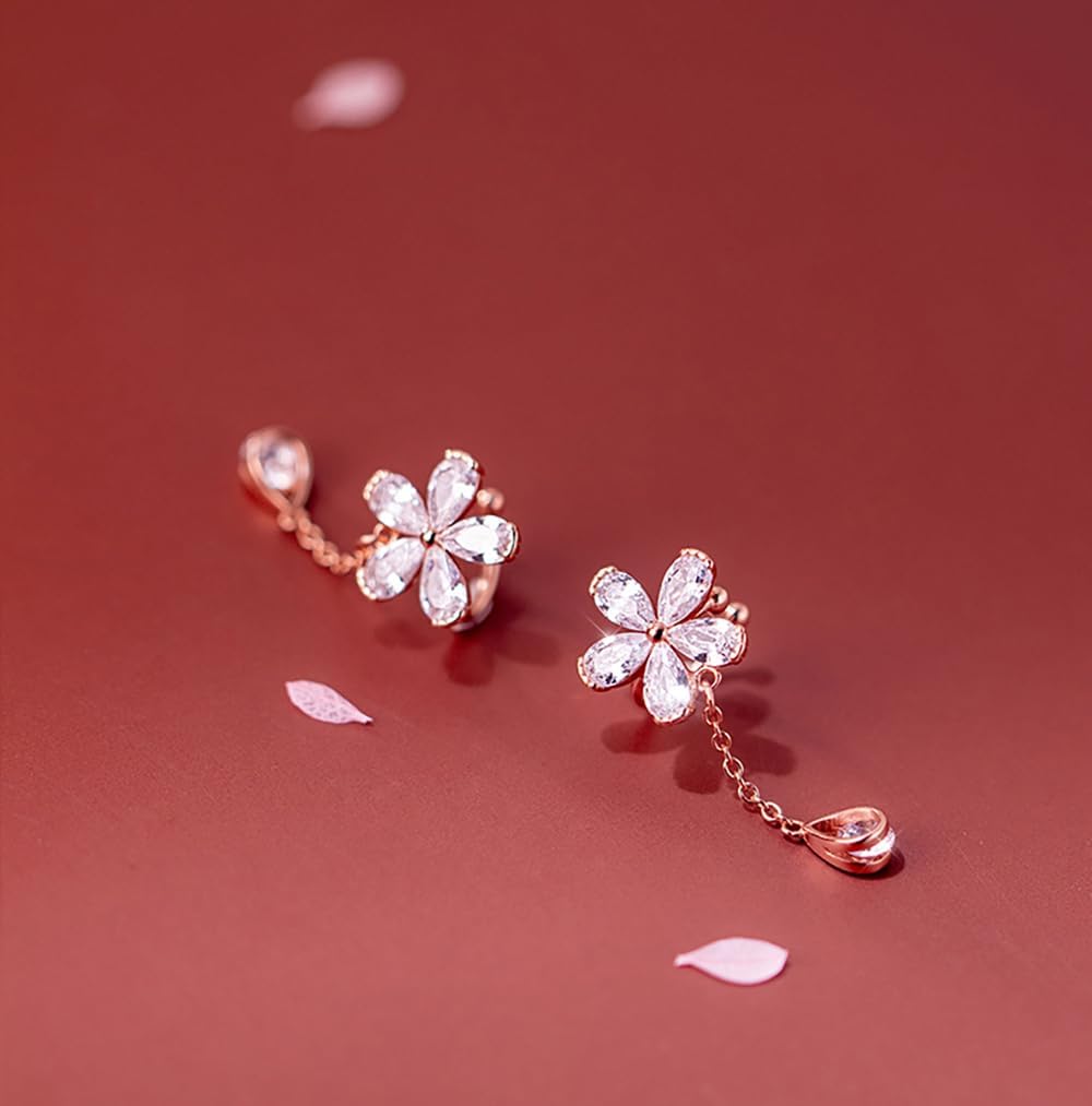 Reffeer Solid 925 Sterling Silver CZ Flower Cuff Earrings for Women Teens Flower Wrap Earrings Droplet Chain Earrings Cartilage Helix Earrings