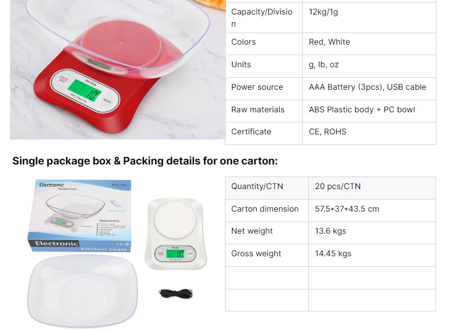 VIHELM WH-B26 Digital Kitchen Scale specifications table
