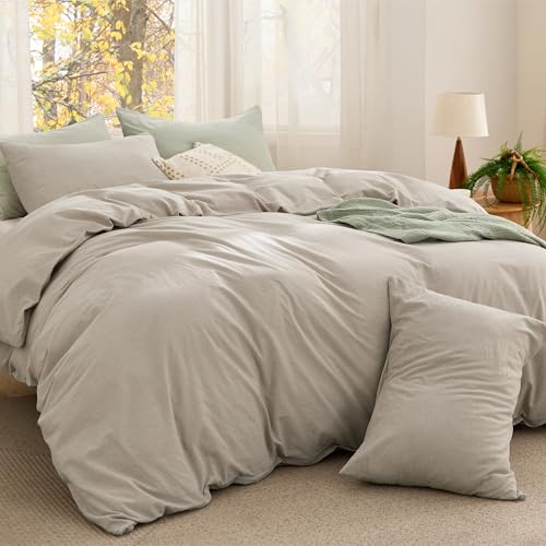 Image of Bedsure Comforter Set Twin Size - Cotton Fabric with Microfiber Inner Fill, Linen Color PureWoven Soft Bed Set for All Seasons, 2 Pieces, 1 Comforter (68 inch x 88 inch) and 1 Pillow Case (20 inch x 26 inch)