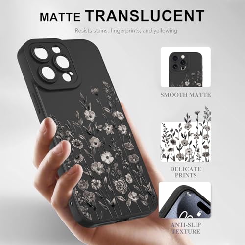 Image of Designed for iPhone 15 Pro Case Flower for Women Girls, Black | Cute Floral Pattern Liquid Silicone Phone Case [Full Camera Protection] Slim Soft TPU Protective Cover