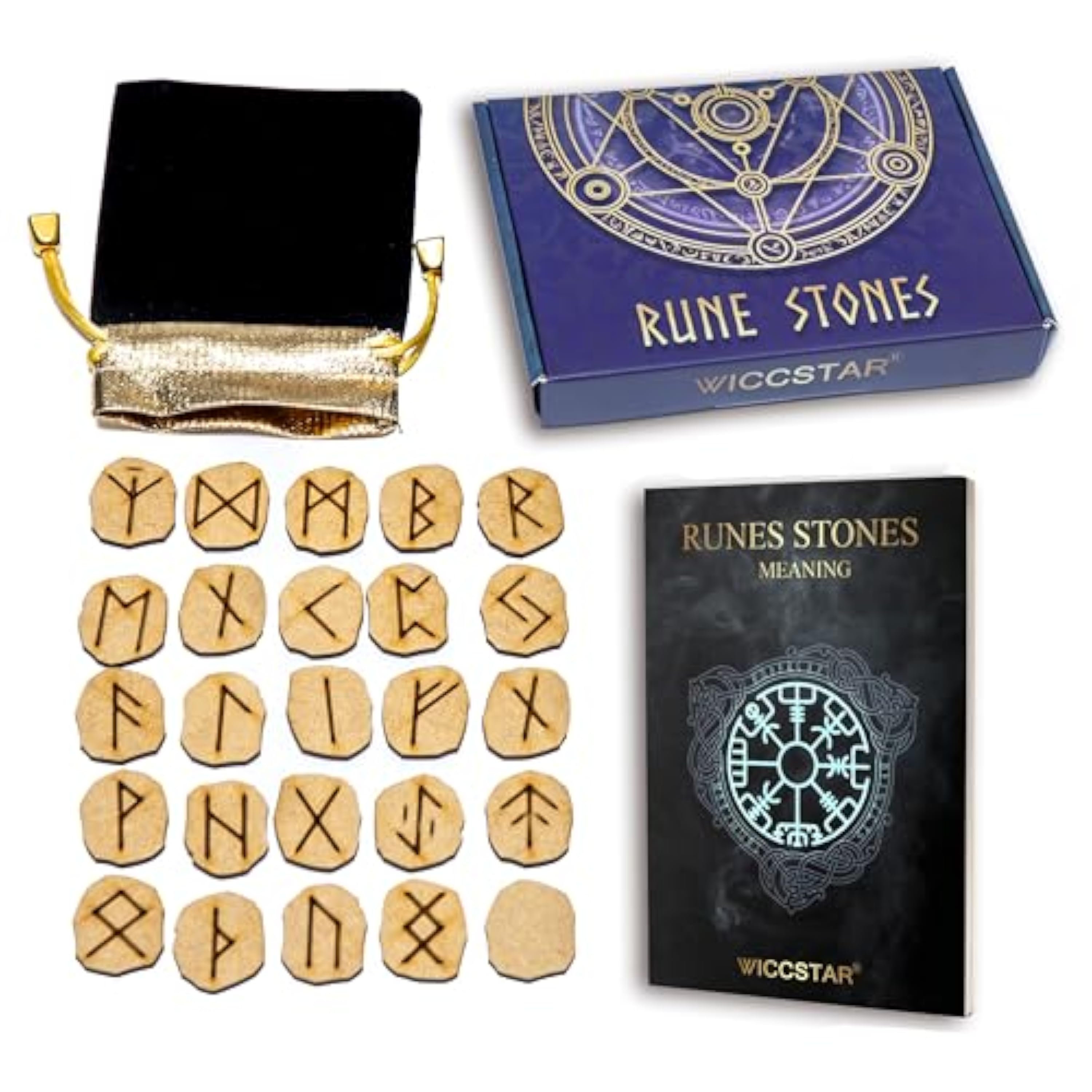 WICCSTAR 25 de Madera runas vikingas Piedra Bolsa Set con diseño y Significado pergamino