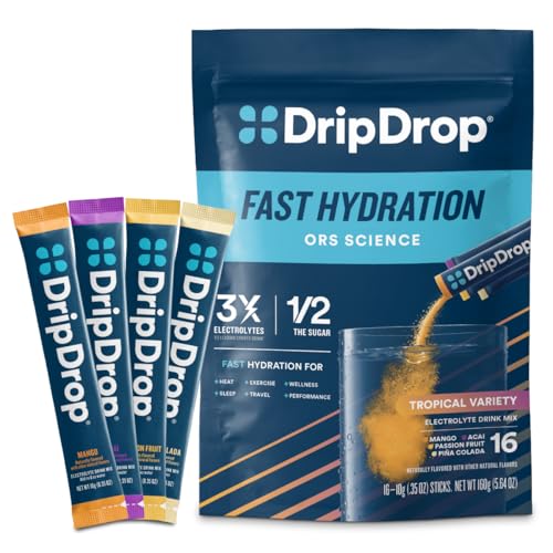 Image of DripDrop Hydration Packets - Tropical Variety Pack - Single Serve Electrolytes Powder Drink Mix - Mango, Acai, Passion Fruit, Pina Colada - Non-GMO, Gluten Free, Vegan - 16 Sticks