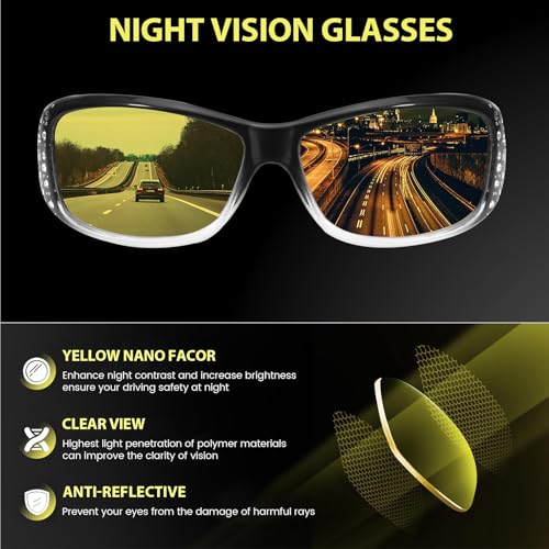 TJUTR Driving Night Vision Glasses for Women, Polarized Anti Glare Yellow Lens Wrap Around Eyewear for Nighttime Driving4