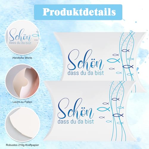 50 kleine Geschenkboxen „Schön, dass du da bist“ – Kraftpapier-Geschenkverpackungen (210 g/m²) für Taufe, Kommunion, Hochzeit & kleine Aufmerksamkeiten – 9x6x2,5 cm (Blau)