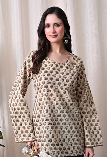 Image of MEERA FAB Women Cotton Printed A-Line Tunic Top with Square Neck | Floral Printed Halter Strap Detail & Bell Sleeves | Short Kurti for Women