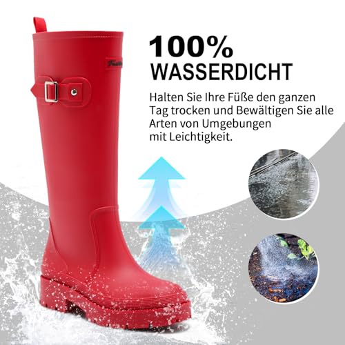 Yenxapei Gummistiefel Damen Lange Stiefel, Original Wasserdicht Hohe Rutschfeste, Sicherheitsstiefel Gummischuhe Bequeme Gartenschuhe Für den Innen- und Außenbereich,Rot,40.5EU