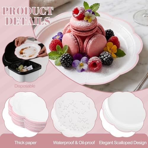 Image of NatNarr 30 Pcs Pink and White Paper Plates, 7 Inch White Plates with Pink Trim Scalloped Dessert Cake Plate Disposable for Baby Shower, Wedding, Bridal Shower, Birthday