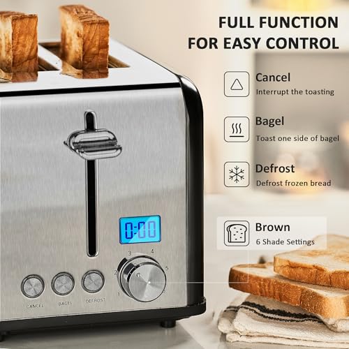 Image of Roter Mond Countdown Stainless Steel 4 Slice Toaster with Bagel, Defrost, Cancel Function, Dual Toaster, Extra Wide Slots, 6 Shade Settings, Removable Crumb Trays, 1650W, Black
