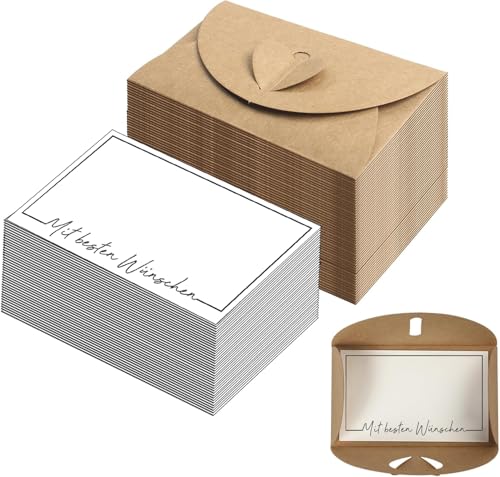 Mini Briefumschläge mit Herz Verschluss (Set, 50 Umschläge, 50 Karten  Mit besten Wünschen) Kraftpapier