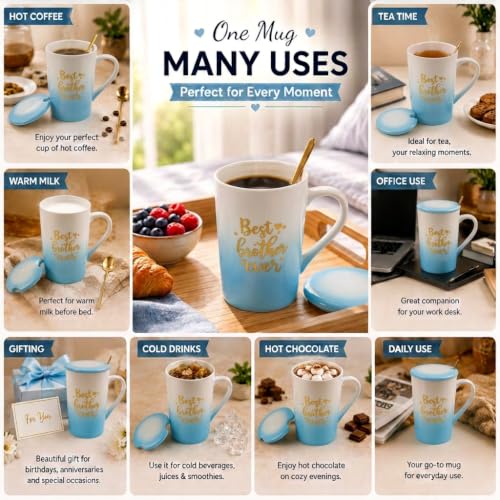 Image of ZAICUS Best Brother Ever Coffee Mug with Lid & Spoon, Gift for Brother | Suitable for Hot & Cold Beverages | Ceramic Mug | Elegant White & Blue Gradient Finish